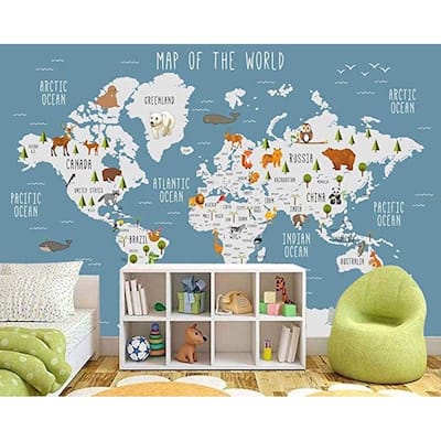 GK Wall Design Blue World Map Cartoon Animal Removable Wallpaper