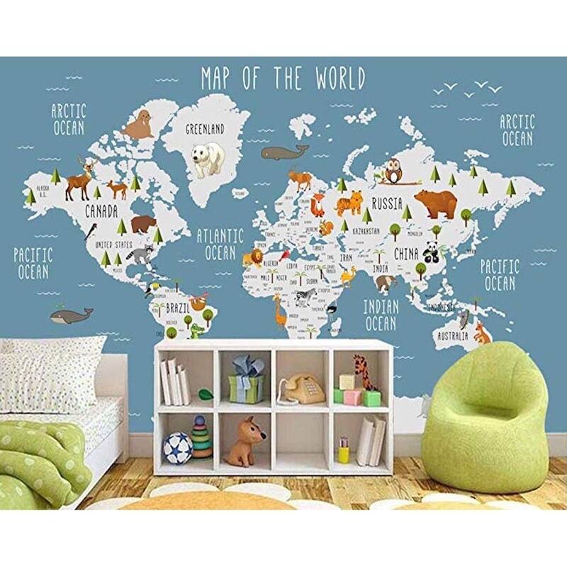 GK Wall Design Blue World Map Cartoon Animal Removable Wallpaper