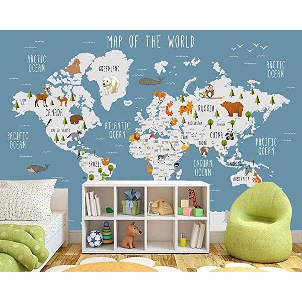 GK Wall Design Blue World Map Cartoon Animal Removable Wallpaper