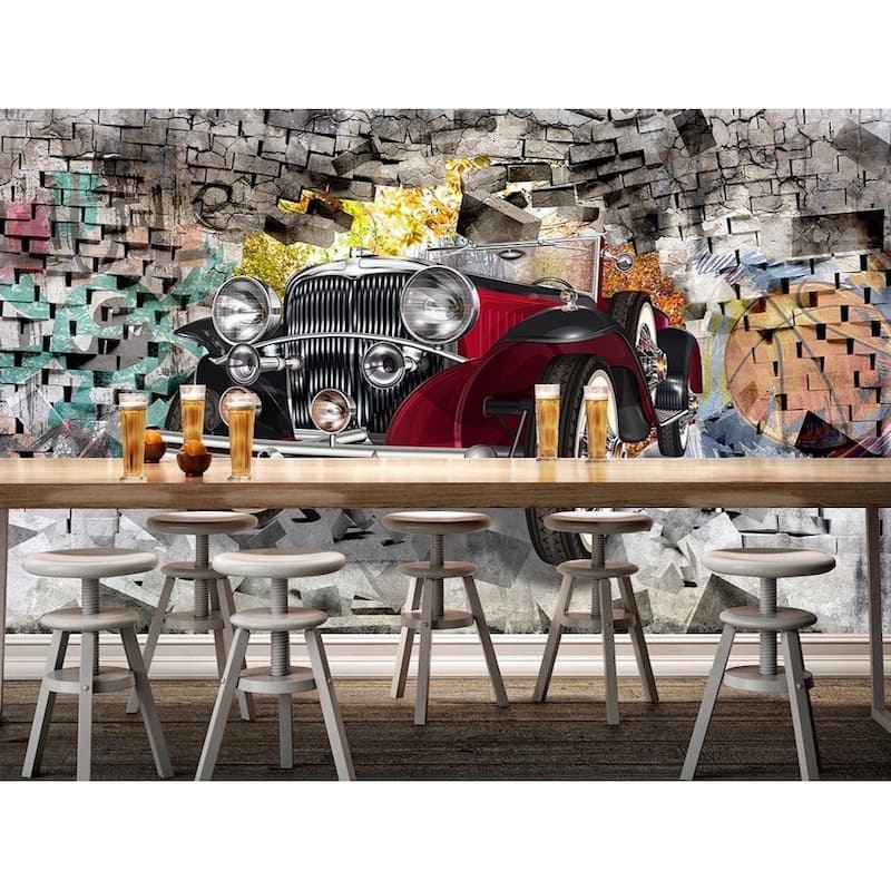 GK Wall Design 3D Vintage Classic Car Graffiti Brick Wallpaper