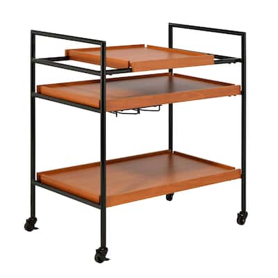 Metal Frame Serving Cart with Adjustable Compartments, Oak Brown and Black