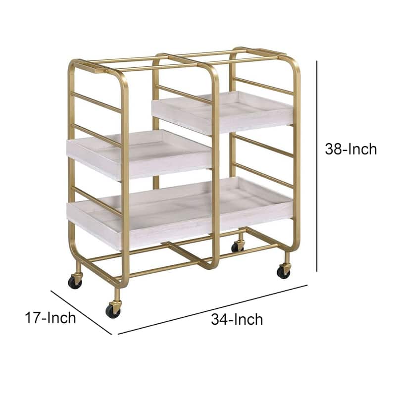 Metal Frame Serving Cart with Adjustable Compartments,Gold and Washed White
