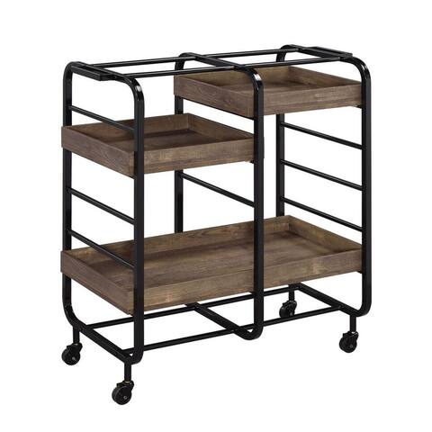 Metal Frame Serving Cart with 3 Open Storage and Casters, Brown and Black