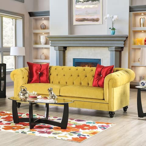 Furniture of America Ryn Traditional Royal Yellow Solid Wood Sofa
