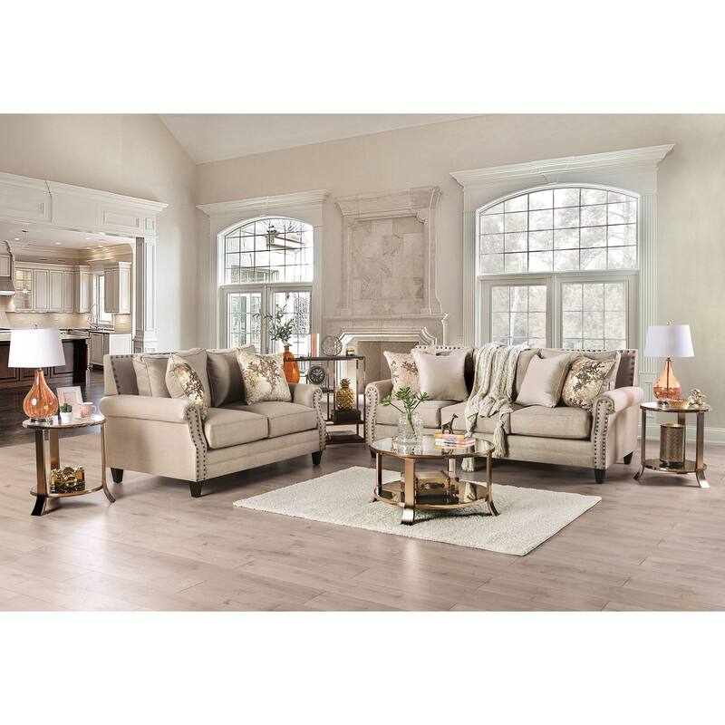 Qyn Transitional Beige Chenille Upholstered Nailhead Trim Rolled Arms Sofa by Furniture of America