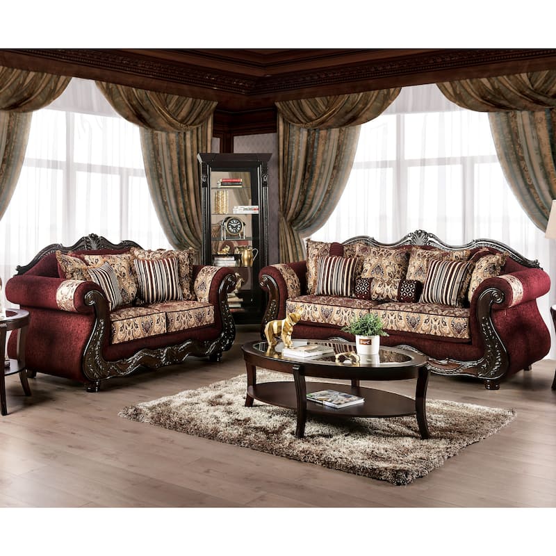 Estra Traditional Burgundy Chenille Upholstered Rolled Arms Sofa by Furniture of America