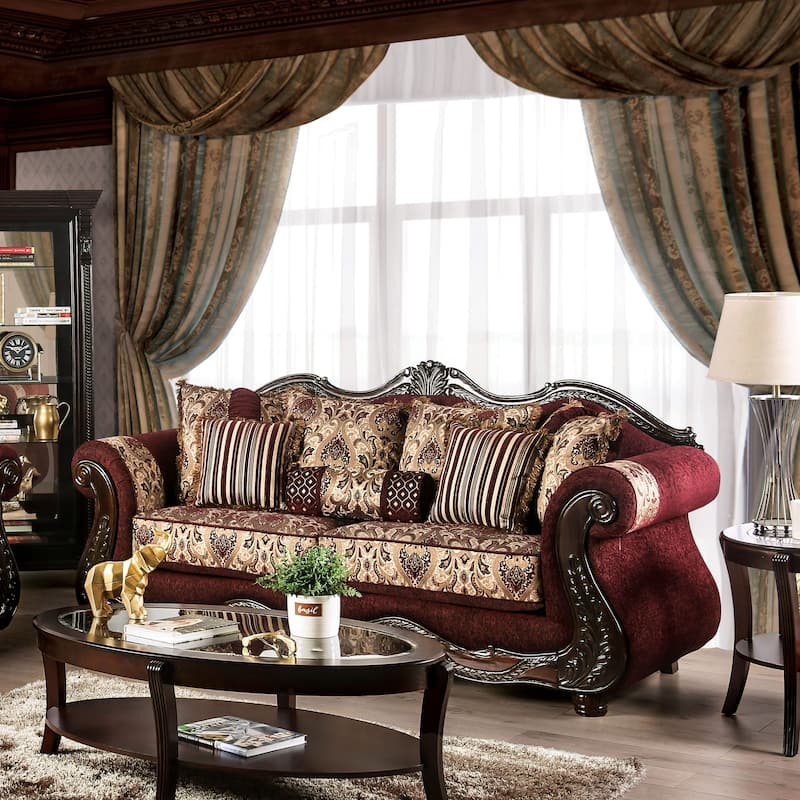 Estra Traditional Burgundy Chenille Upholstered Rolled Arms Sofa by Furniture of America