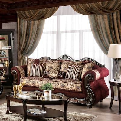 Estra Traditional Burgundy Chenille Upholstered Rolled Arms Sofa by Furniture of America