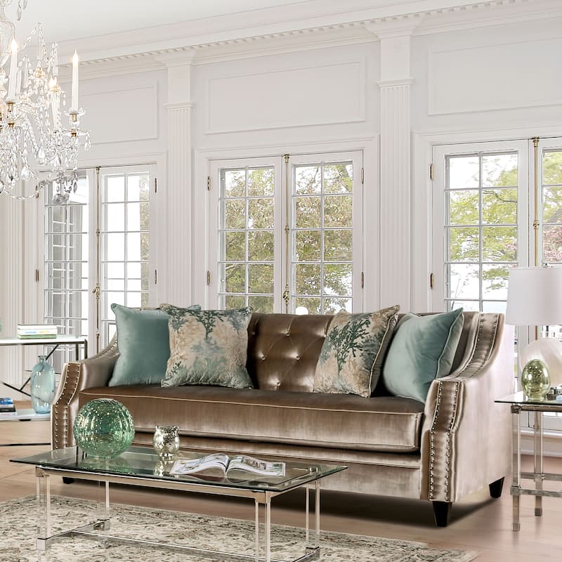 Vynn Transitional Chenille Upholstered Nailhead Trim Sofa by Furniture of America - Champagne/Turquoise