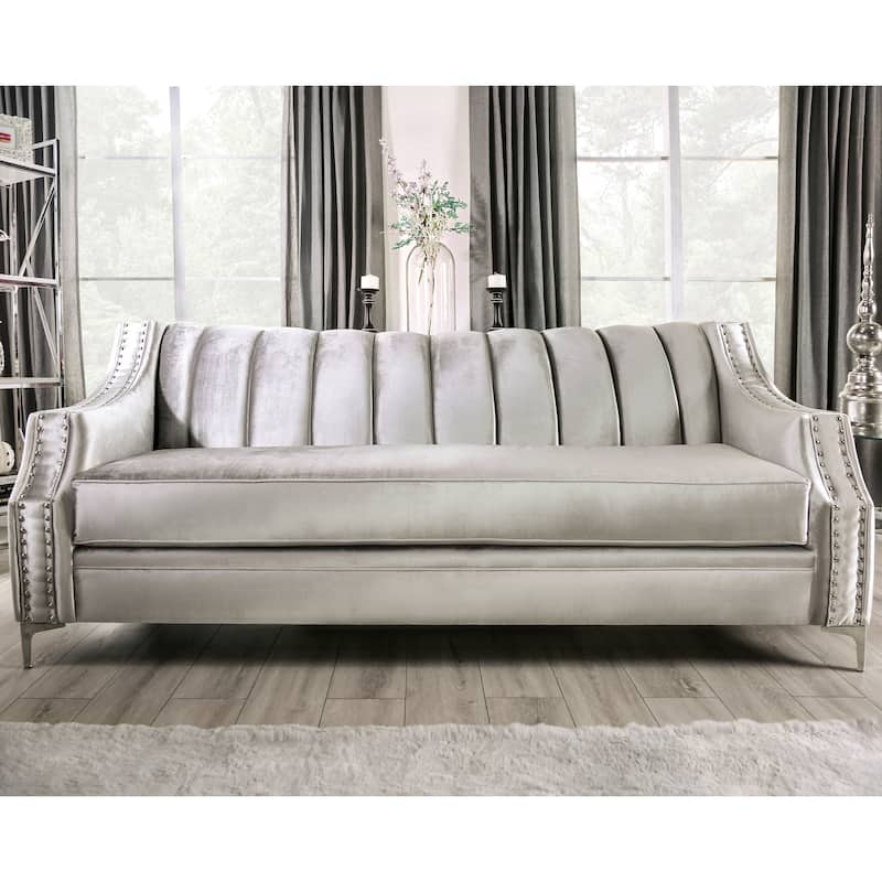 Vynn Transitional Chenille Upholstered Nailhead Trim Sofa by Furniture of America - Silver
