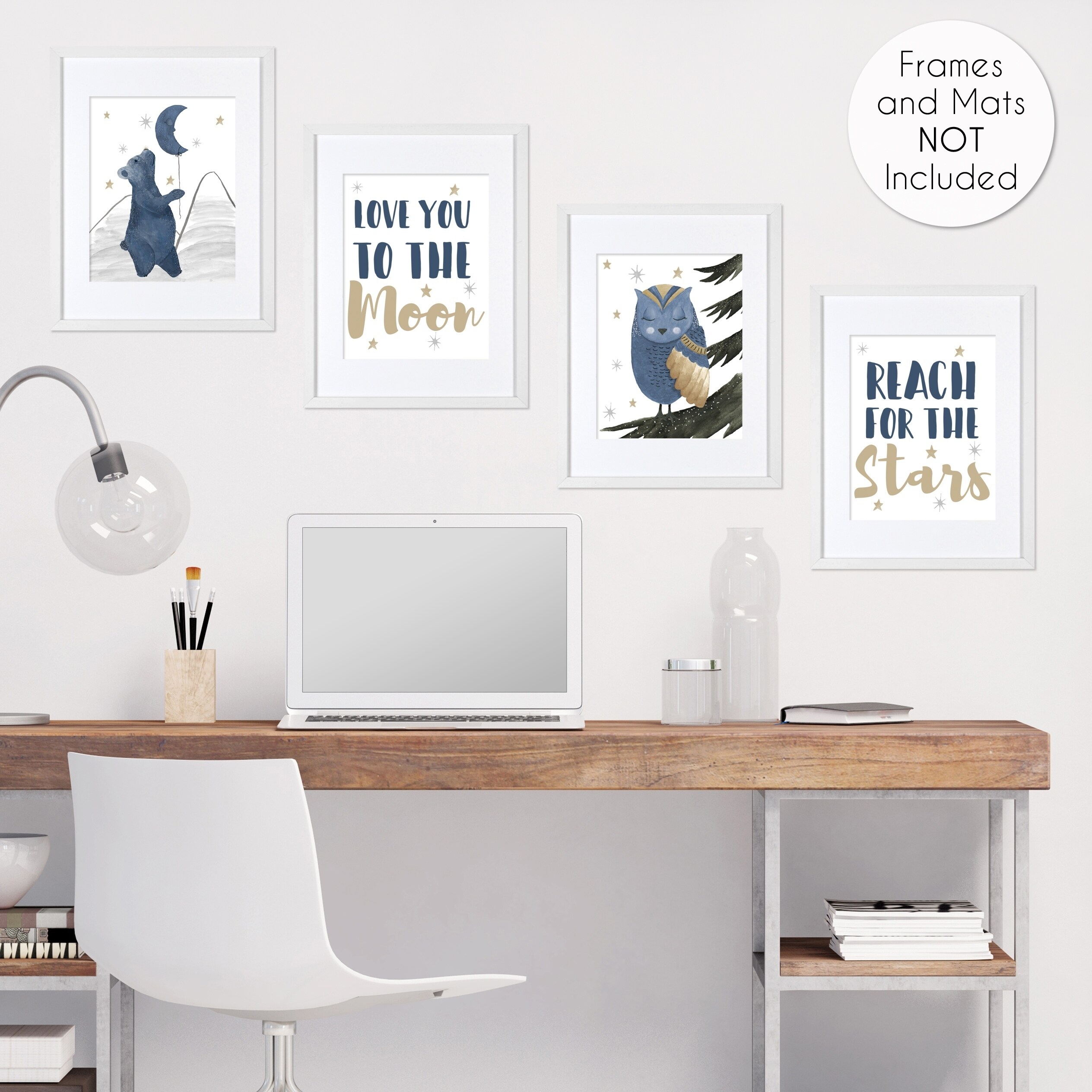 Bear And Owl Collection Wall Decor Art Prints Set Of 4 Navy Blue Grey Gold Black Celestial Moon Star Watercolor Forest Overstock 30978696