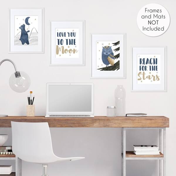 Bear And Owl Collection Wall Decor Art Prints Set Of 4 Navy Blue Grey Gold Black Celestial Moon Star Watercolor Forest Overstock 30978696