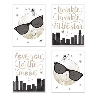 Watercolor Moon Collection Wall Decor Art Prints (Set of 4) - Grey Black Gold Modern Celestial Twinkle Twinkle Little Star