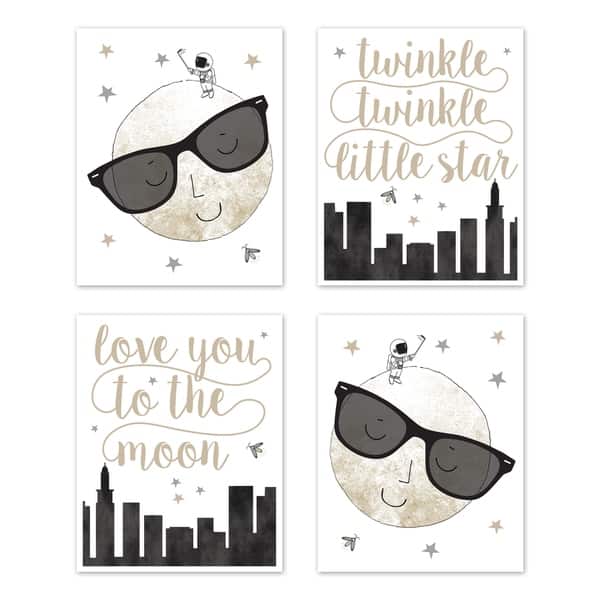 slide 2 of 8, Watercolor Moon Collection Wall Decor Art Prints (Set of 4) - Grey Black Gold Modern Celestial Twinkle Twinkle Little Star
