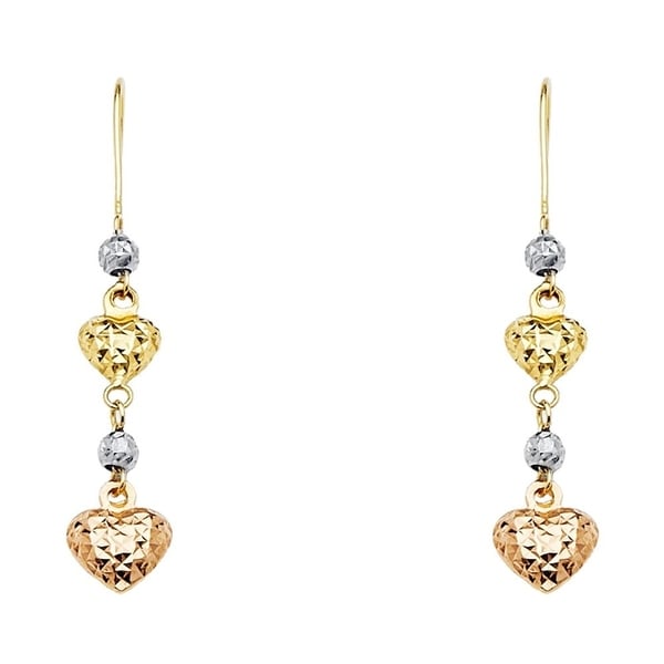 White Gold and Rose Gold Dangling Hearts Pendant 14K Yellow Gold