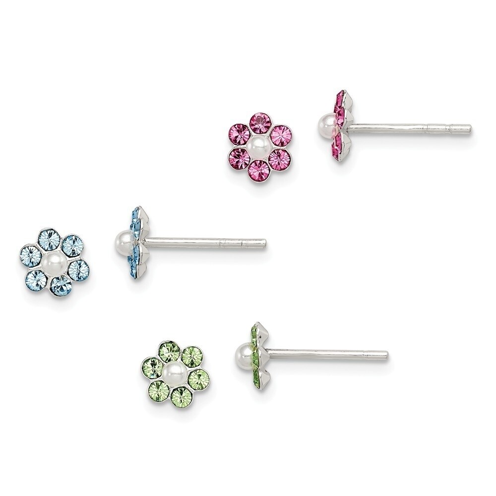 Sterling Silver Polished With Crystal Post Earrings
