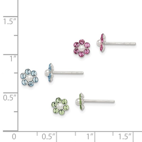 Sterling Silver Polished With Crystal Post Earrings