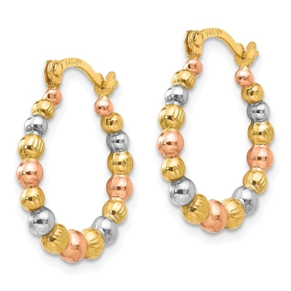 14K and White and Rose Rhodium Beaded Hoop Earrings