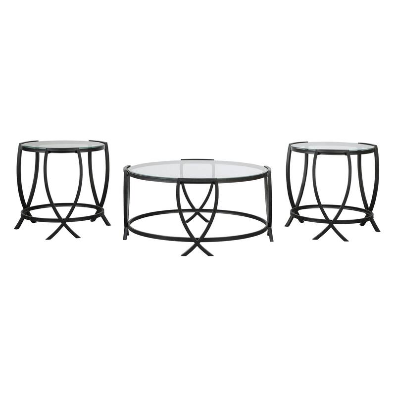 Contemporary Round Table Set with Glass Top and Geometric Metal Body, Black