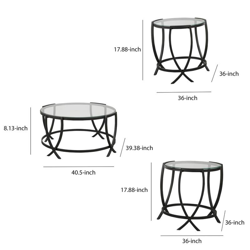 Contemporary Round Table Set with Glass Top and Geometric Metal Body, Black