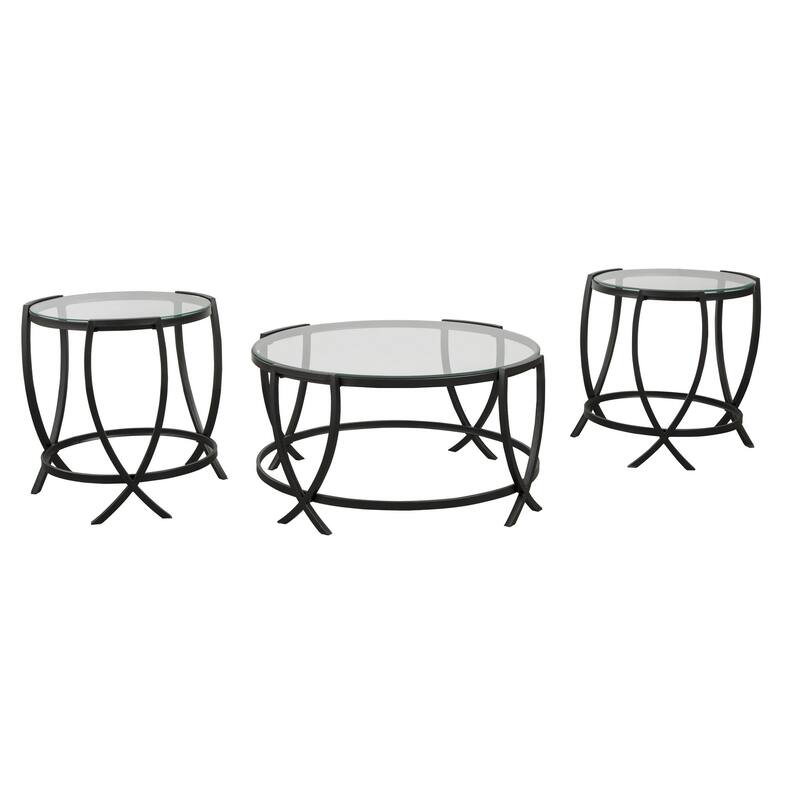 Contemporary Round Table Set with Glass Top and Geometric Metal Body, Black