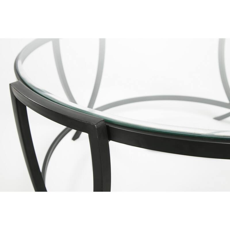 Contemporary Round Table Set with Glass Top and Geometric Metal Body, Black