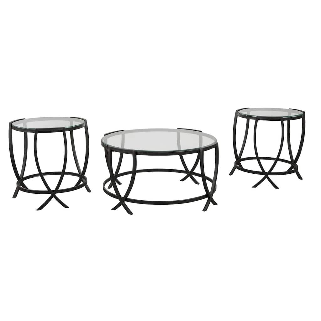 Contemporary Round Table Set with Glass Top and Geometric Metal Body, Black