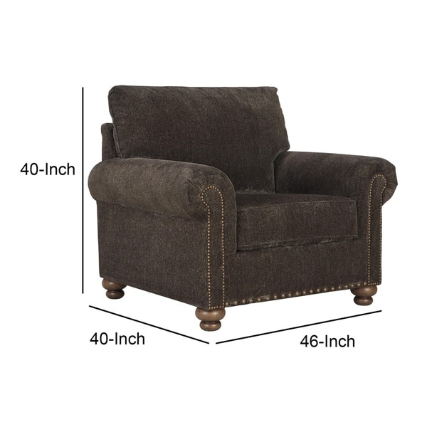 Fabric Upholstered Chair with Rolled Arms and Nailhead Trim, Dark Brown