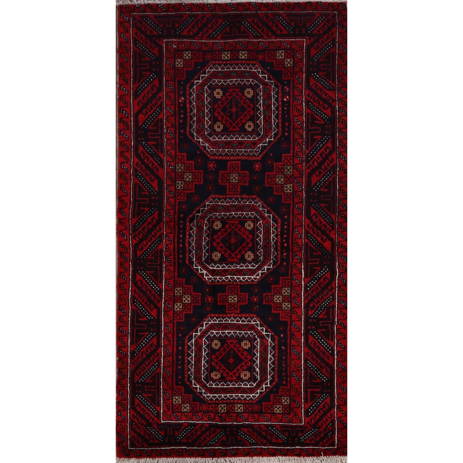 Tribal Geometric Balouch Oriental Area Rug Hand-Knotted Foyer Carpet - 3'4