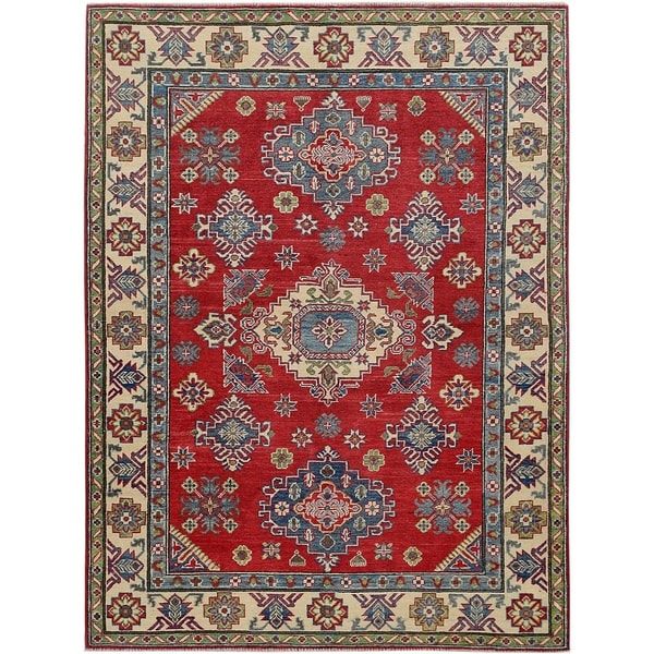 Geometric Super Kazak Oriental Red Area Rug Hand-Knotted Wool Carpet - 5'0" x 6'11". Opens flyout.