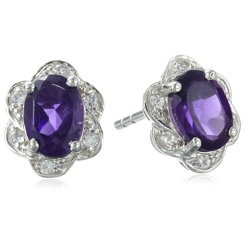 925 Sterling Silver African Amethyst and Created White Sapphire Stud Earrings
