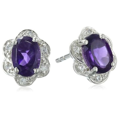 925 Sterling Silver African Amethyst and Created White Sapphire Stud Earrings
