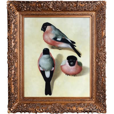 La Pastiche Three Bullfinches with Burgeon Gold Frame Oil Painting Wall Art, 29.5"x33.5"