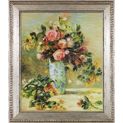 La Pastiche Roses and Jasmine in a Delft Vase with Versailles Silver King Frame Oil Painting Wall Art, 26"x30"