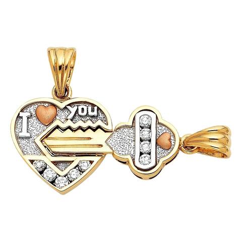 Curata 14k Yellow Gold White Gold and Rose Gold CZ Cubic Zirconia Simulated Diamond Love Heart And Key Pendant Necklace Set 41x1