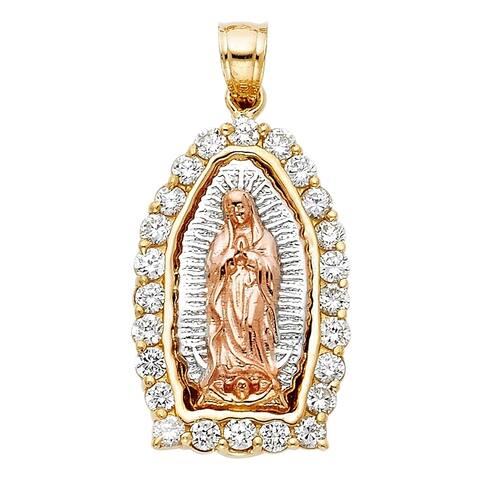 Curata 14k Yellow Gold White Gold and Rose Gold CZ Cubic Zirconia Simulated Diamond Our Lady Of Guadalupe Pendant Necklace 17x26