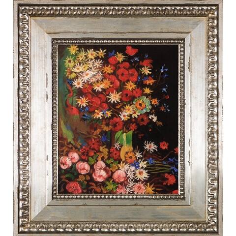 La Pastiche Vase with Poppies Cornflowers Peonies and Chrysanthemums with Versailles Silver King Frame Wall Art, 14"x16"
