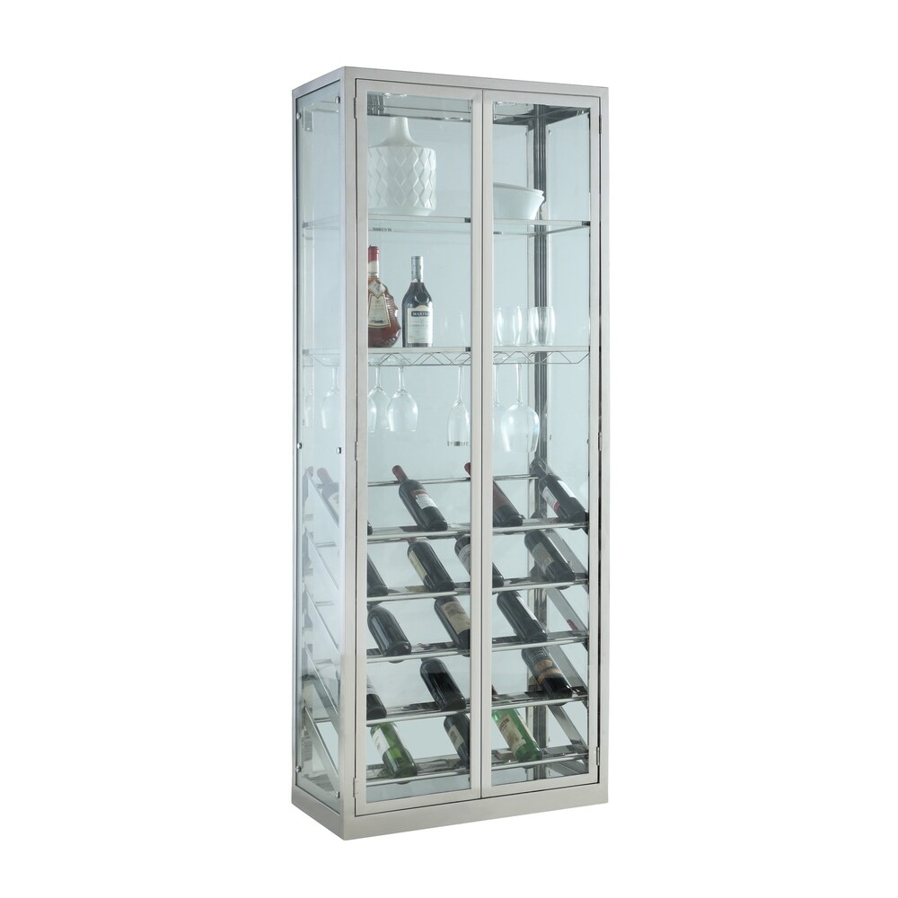 Somette  Clear/Chrome Contemporary Glass Curio with Wine Storage - 31.5"W x 15.75"D x 82.36"H