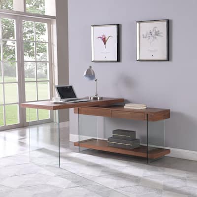 Somette Rotatable Glass and Walnut Veneer Wooden Desk