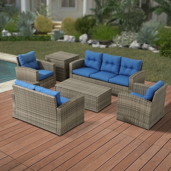 Shop 6-Piece Outdoor Wicker Patio Conversation Set With Blue Cushions ...