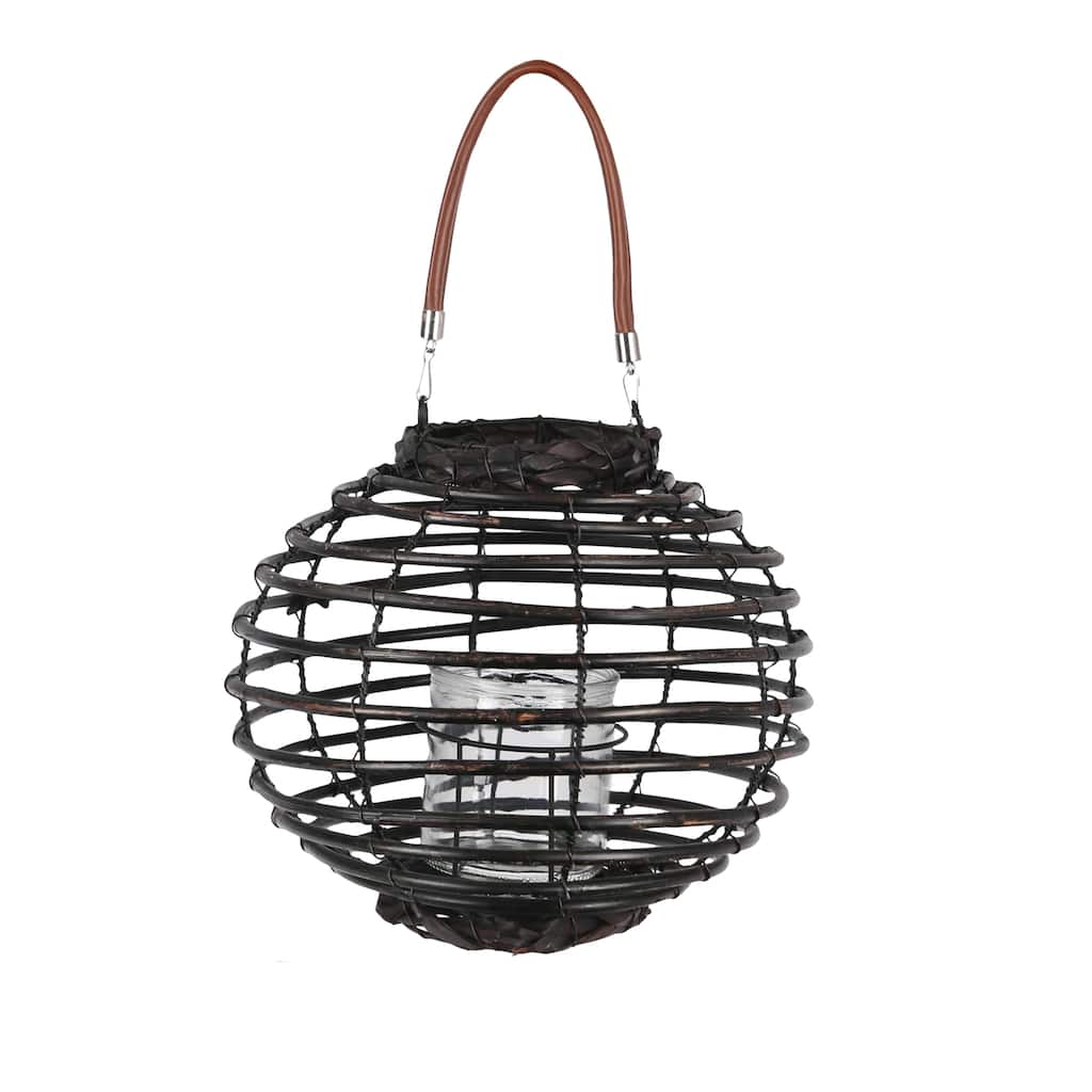 Rattan Frame Glass Hurricane Lantern with Spiral Design, Large, Black