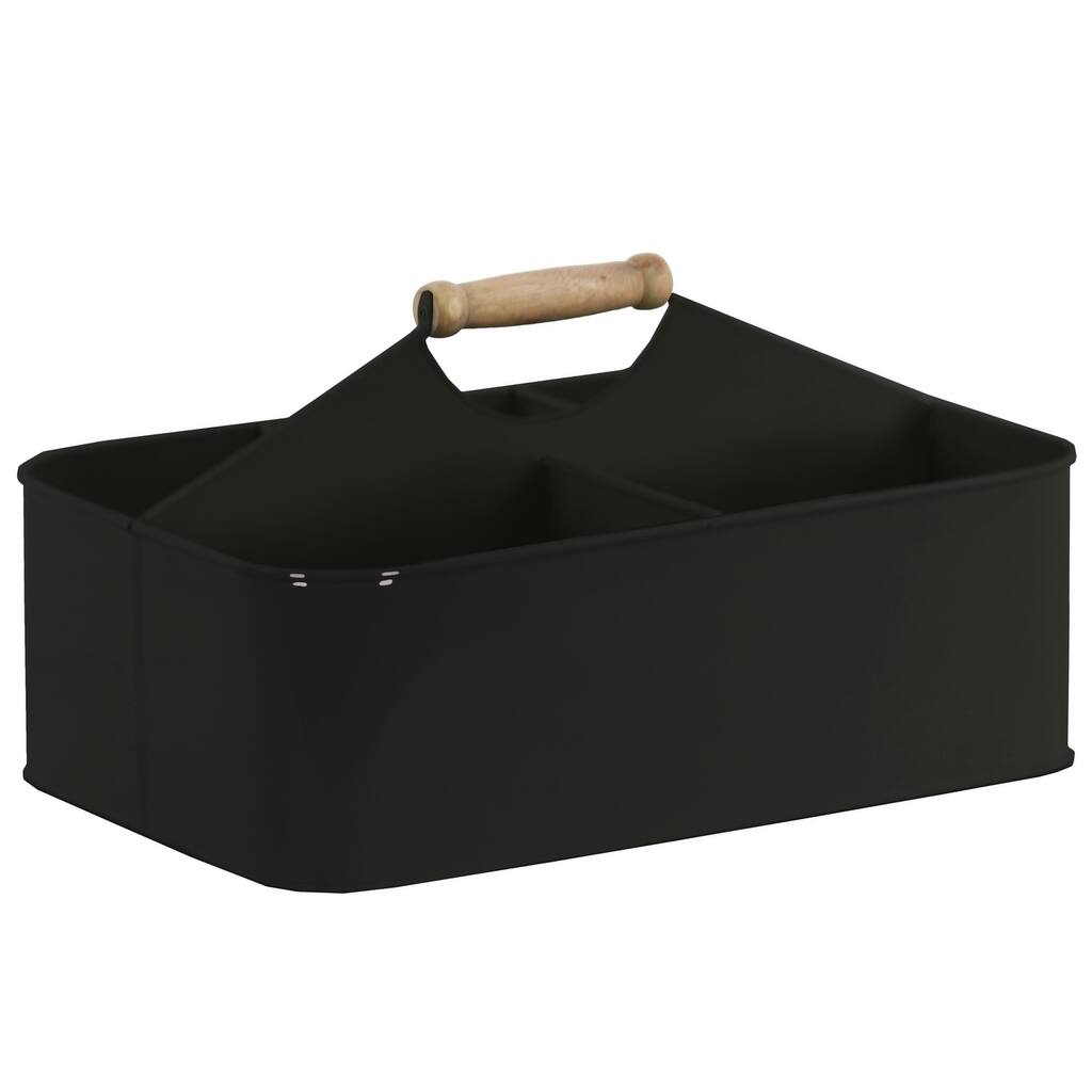 Rectangular Metal Basket with 5 Slot Storage Space and Wooden Handle, Black