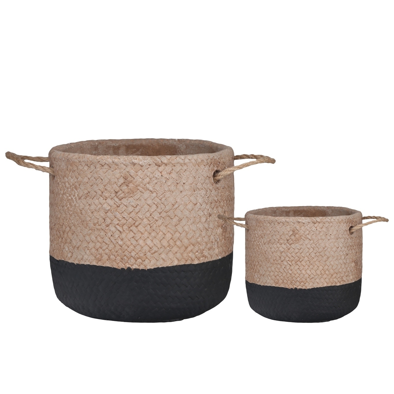 Round Cement Basket with Rope Handles, Large, Set of 2, Black and Brown