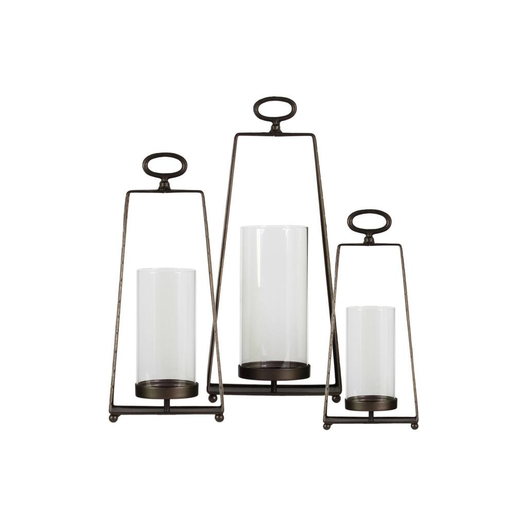 Metal Candle Holders with Glass Cylinders, Set of Three, White and Bronze