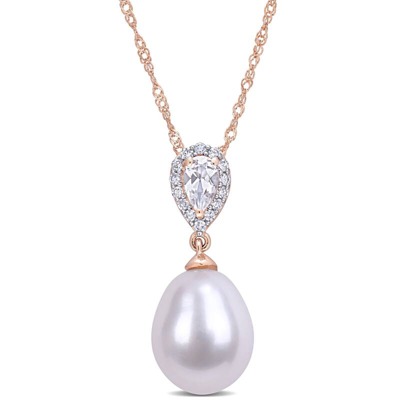 Miadora 10k Rose Gold Cultured FW Pearl, White Topaz & Diamond Teardrop Halo Necklace (9-9.5 mm)