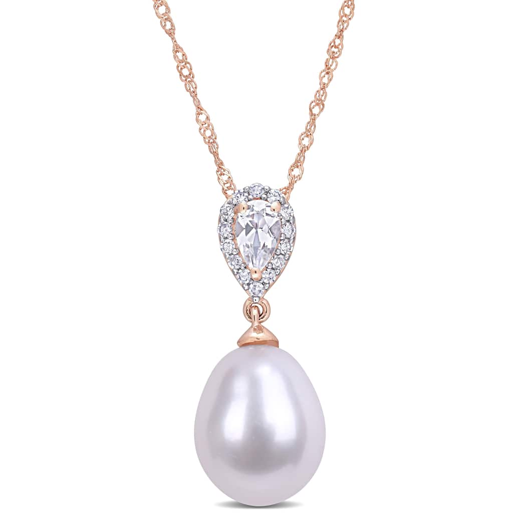 Miadora 10k Rose Gold Cultured FW Pearl, White Topaz & Diamond Teardrop Halo Necklace (9-9.5 mm)