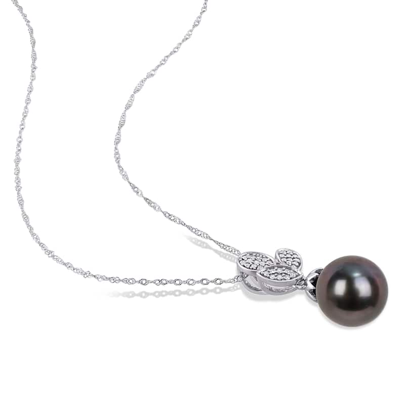Miadora 10k White Gold Black Tahitian Pearl & 1/10ct TDW Diamond Leaf Drop Necklace (9-9.5 mm)