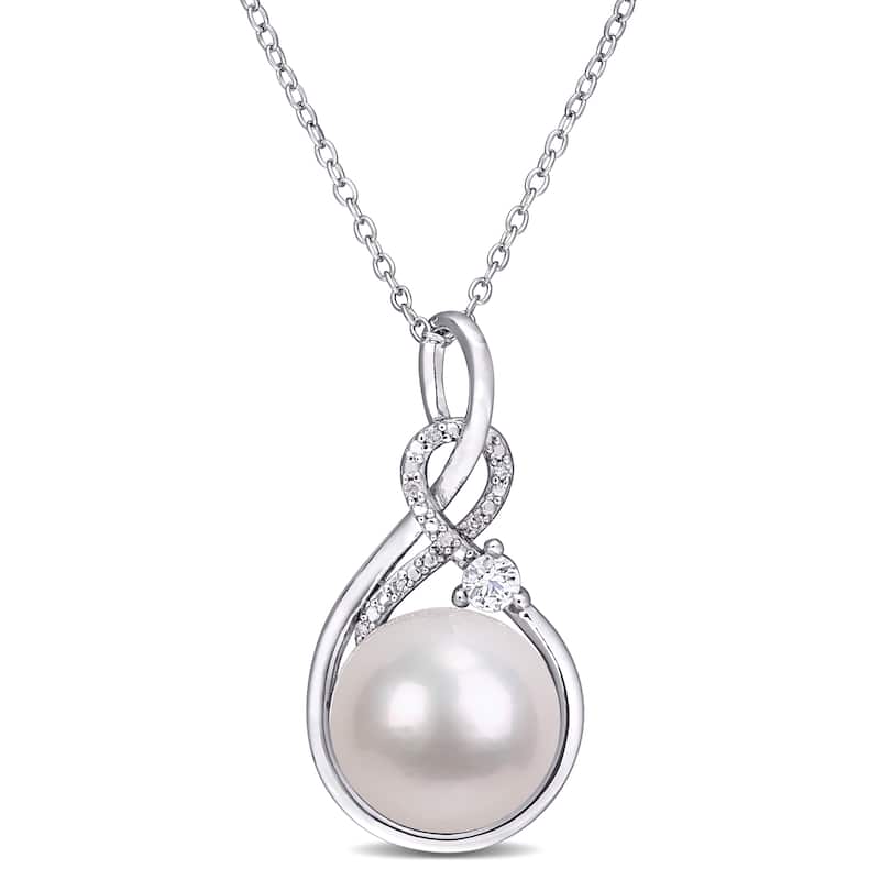 Miadora Sterling Silver Cultured FW Pearl, Diamond & Created White Sapphire Drop Necklace (11-12 MM)