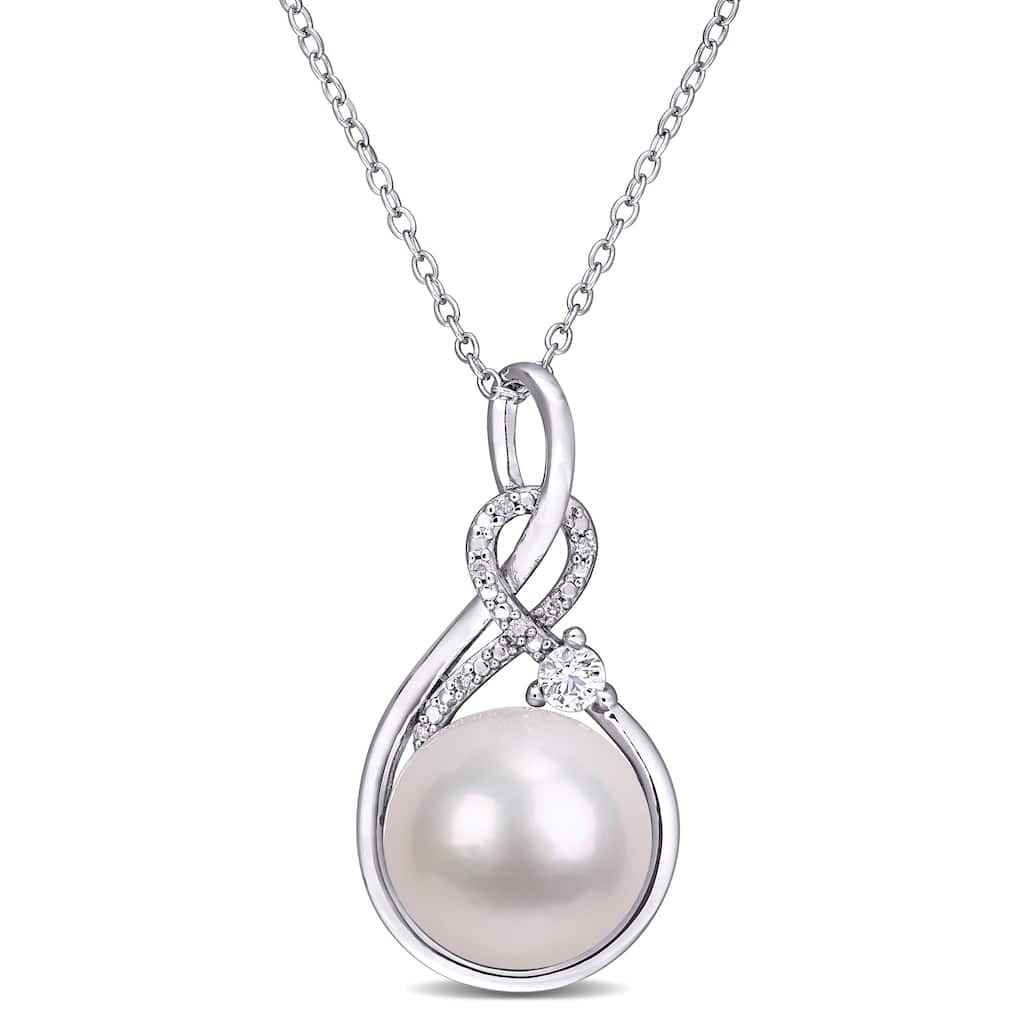 Miadora Sterling Silver Cultured FW Pearl, Diamond & Created White Sapphire Drop Necklace (11-12 MM)