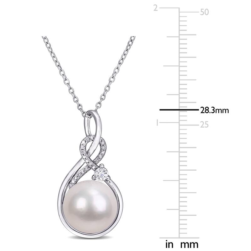 Miadora Sterling Silver Cultured FW Pearl, Diamond & Created White Sapphire Drop Necklace (11-12 MM)